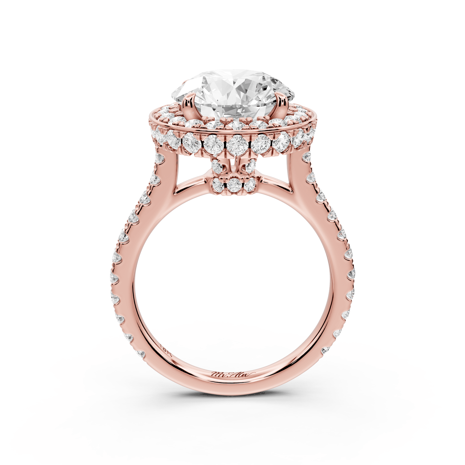 Beatrice - 4ct 18k rose gold round stone in rollover halo with diamond bridge and pavé engagement ring - Mr. Alex Jewelry