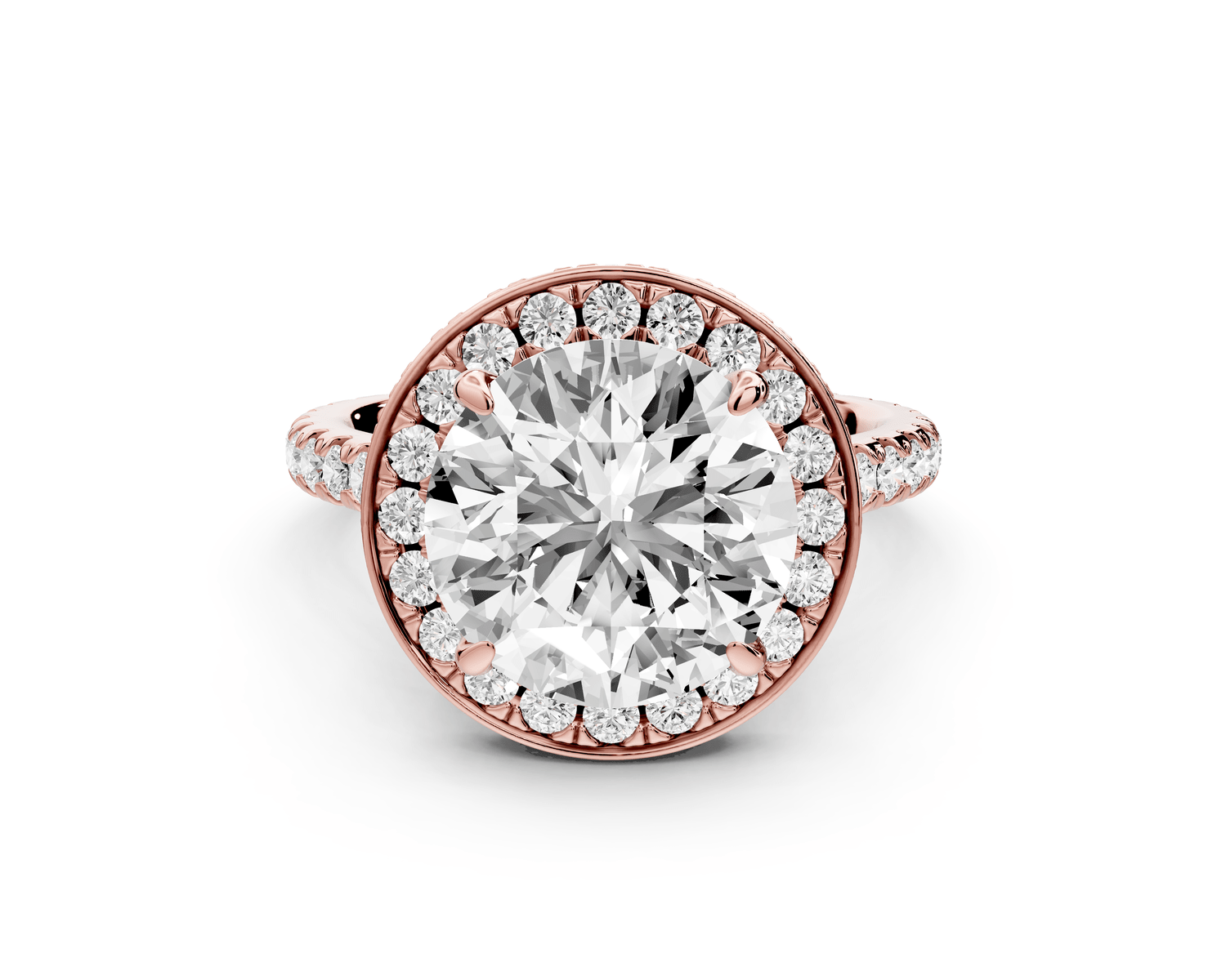Beatrice - 4ct 18k rose gold round stone in rollover halo with diamond bridge and pavé engagement ring - Mr. Alex Jewelry