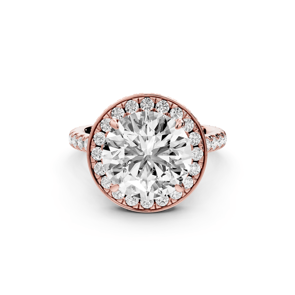 Beatrice - 4ct 18k rose gold round stone in rollover halo with diamond bridge and pavé engagement ring - Mr. Alex Jewelry