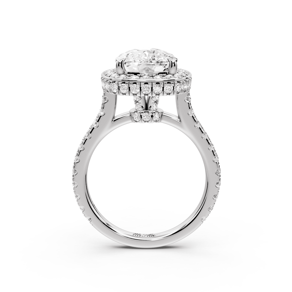 Beatrice - 4ct 18k white gold ecushion stone in rollover halo with diamond bridge and pavé engagement ring - Mr. Alex Jewelry