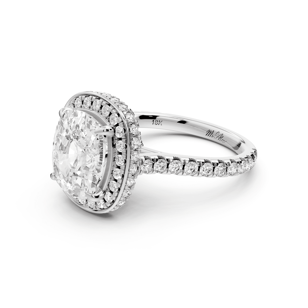 Beatrice - 4ct 18k white gold ecushion stone in rollover halo with diamond bridge and pavé engagement ring - Mr. Alex Jewelry