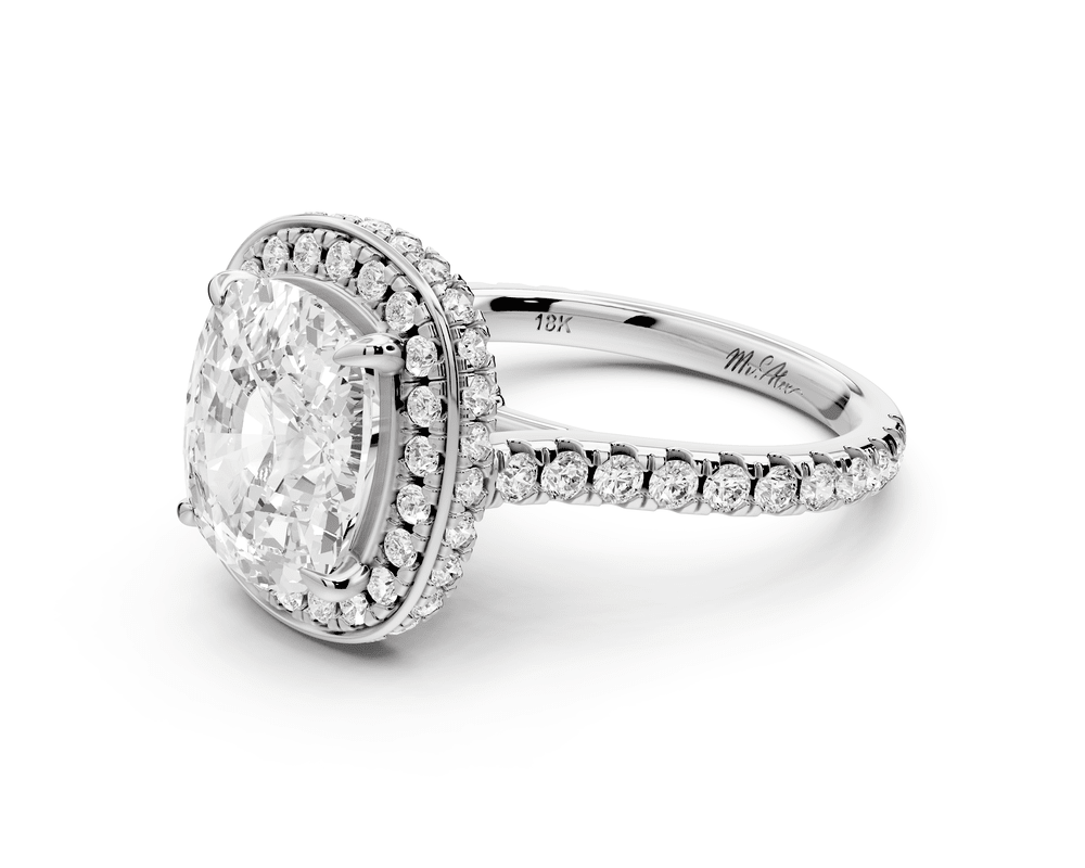 Beatrice - 4ct 18k white gold ecushion stone in rollover halo with diamond bridge and pavé engagement ring - Mr. Alex Jewelry