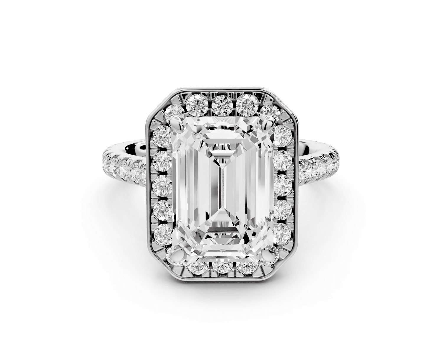 Beatrice - 4ct 18k white gold emerald stone in rollover halo with diamond bridge and pavé engagement ring - Mr. Alex Jewelry