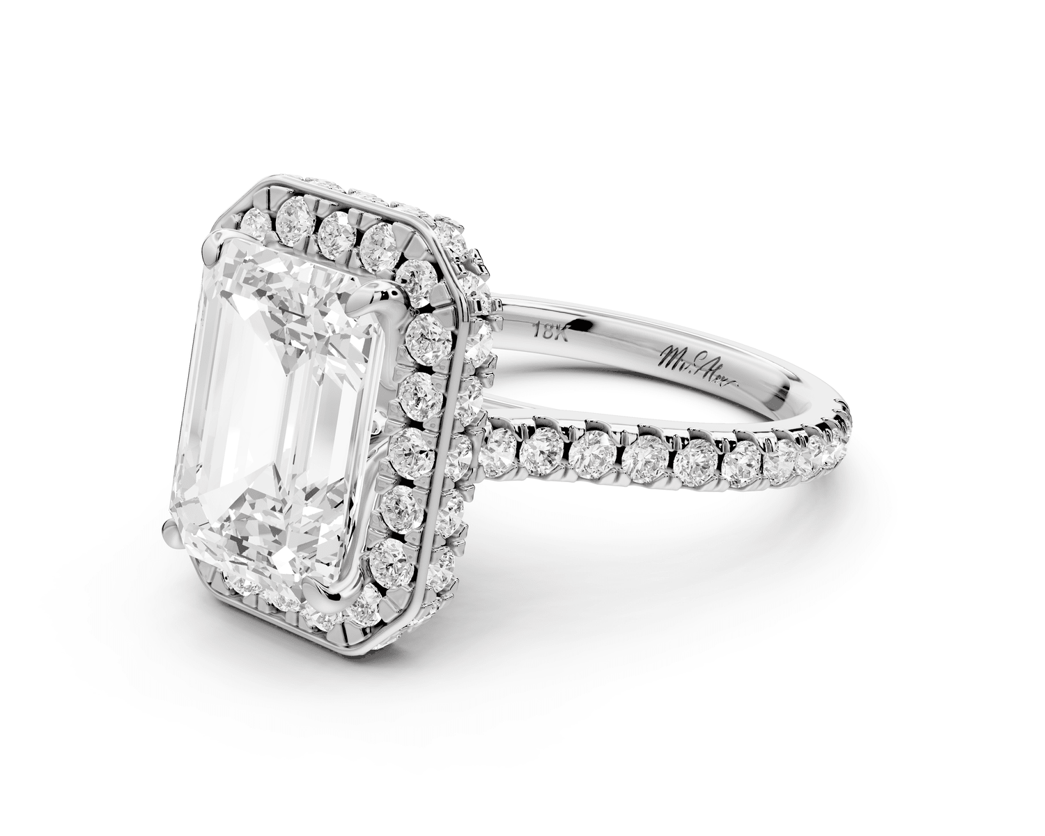 Beatrice - 4ct 18k white gold emerald stone in rollover halo with diamond bridge and pavé engagement ring - Mr. Alex Jewelry