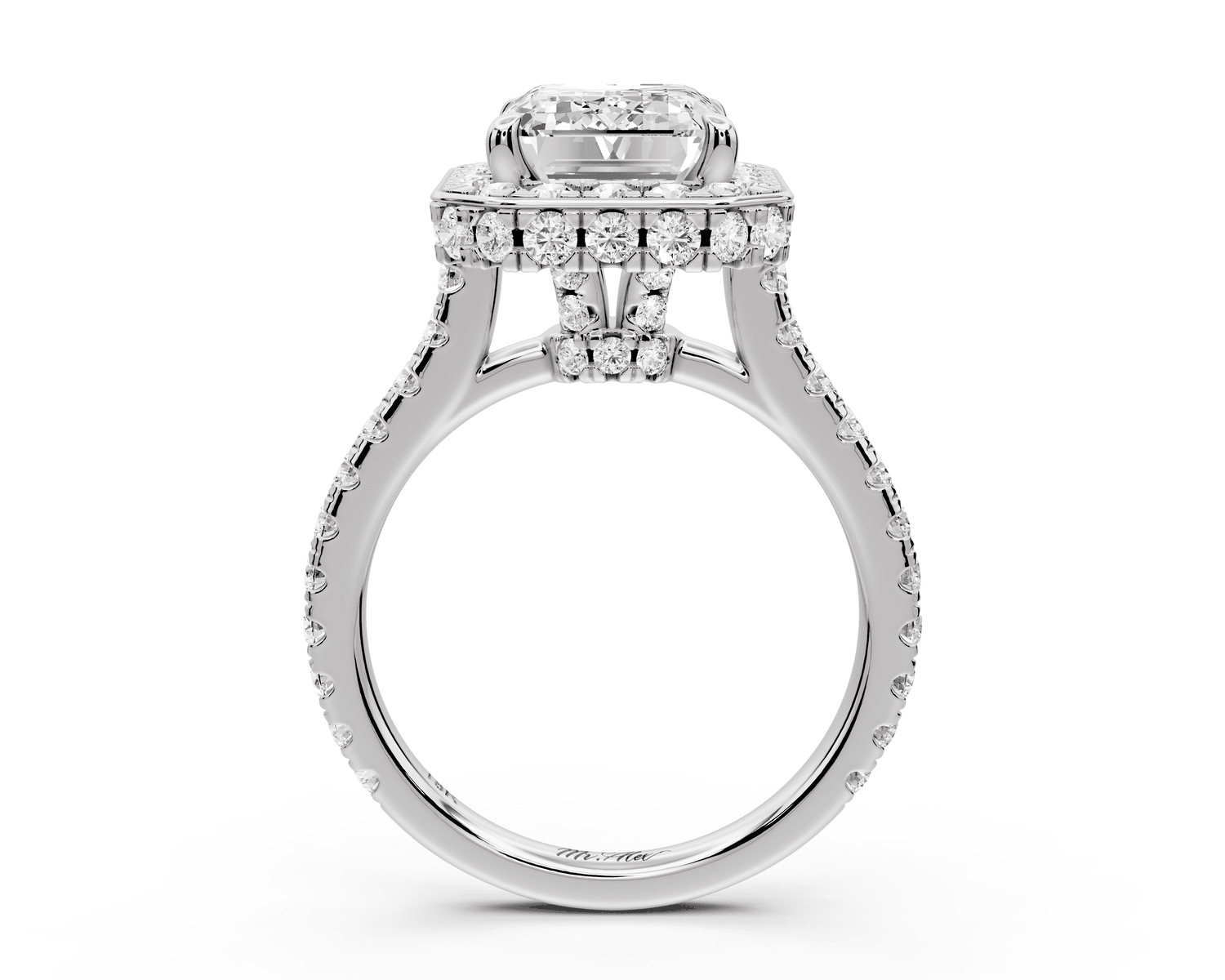 Beatrice - 4ct 18k white gold emerald stone in rollover halo with diamond bridge and pavé engagement ring - Mr. Alex Jewelry