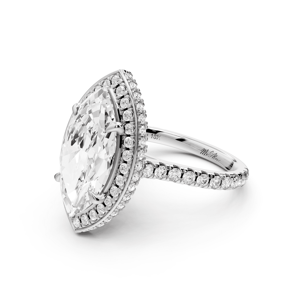 Beatrice - 4ct 18k white gold marquise stone in rollover halo with diamond bridge and pavé engagement ring - Mr. Alex Jewelry