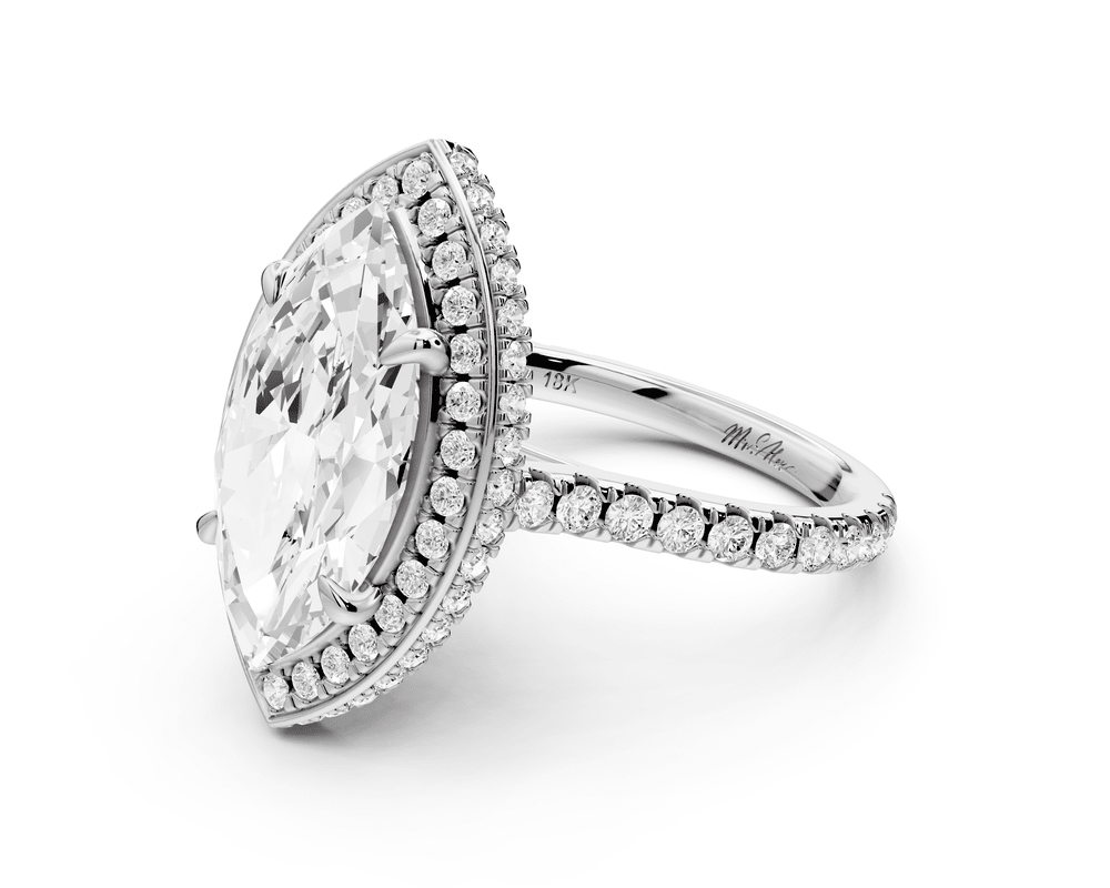 Beatrice - 4ct 18k white gold marquise stone in rollover halo with diamond bridge and pavé engagement ring - Mr. Alex Jewelry