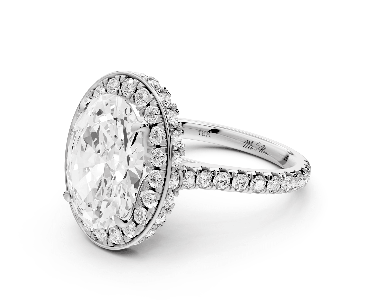 Beatrice - 4ct 18k white gold oval stone in rollover halo with diamond bridge and pavé engagement ring - Mr. Alex Jewelry