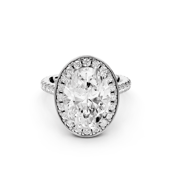 Beatrice - 4ct 18k white gold oval stone in rollover halo with diamond bridge and pavé engagement ring - Mr. Alex Jewelry