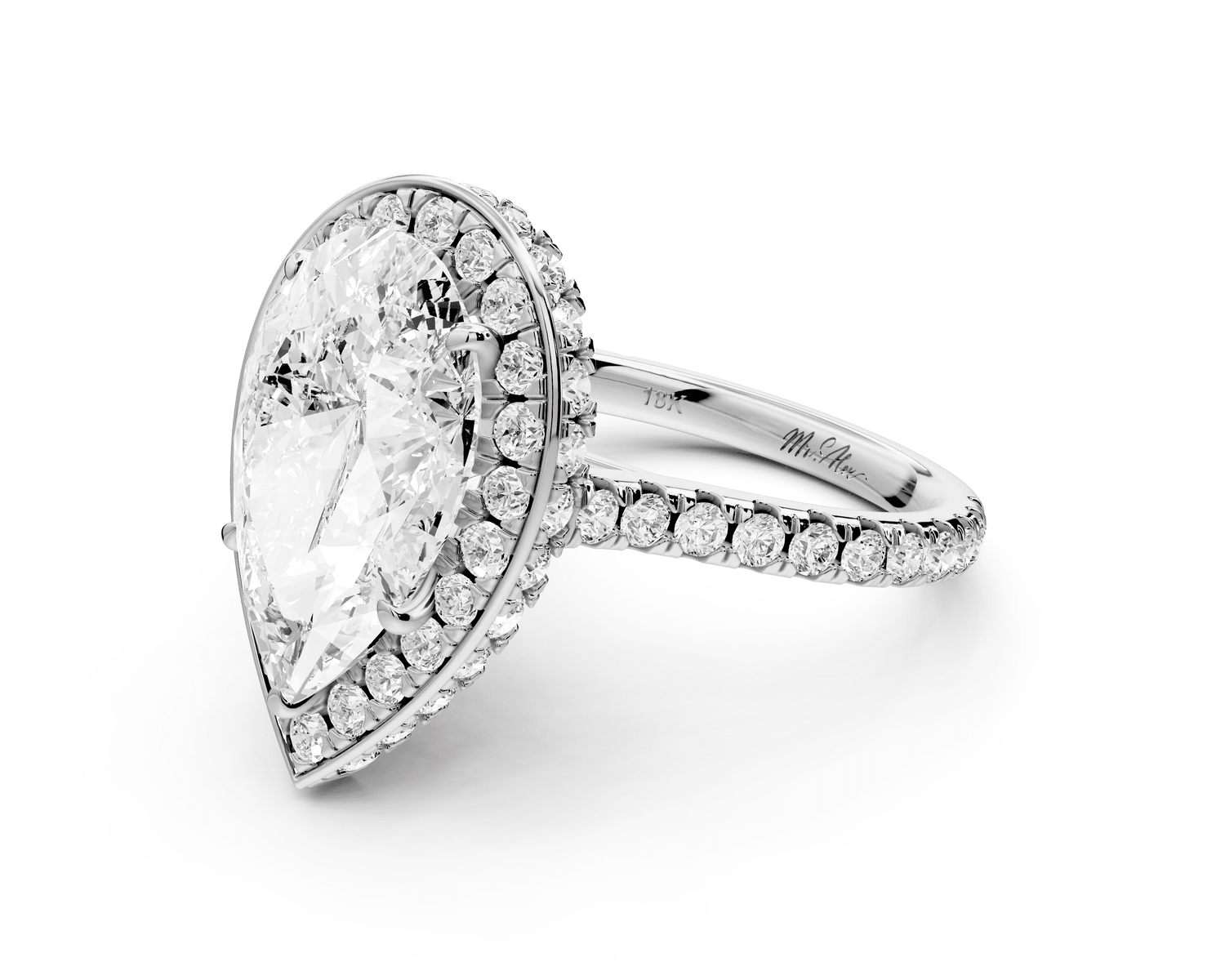 Beatrice - 4ct 18k white gold pear stone in rollover halo with diamond bridge and pavé engagement ring - Mr. Alex Jewelry