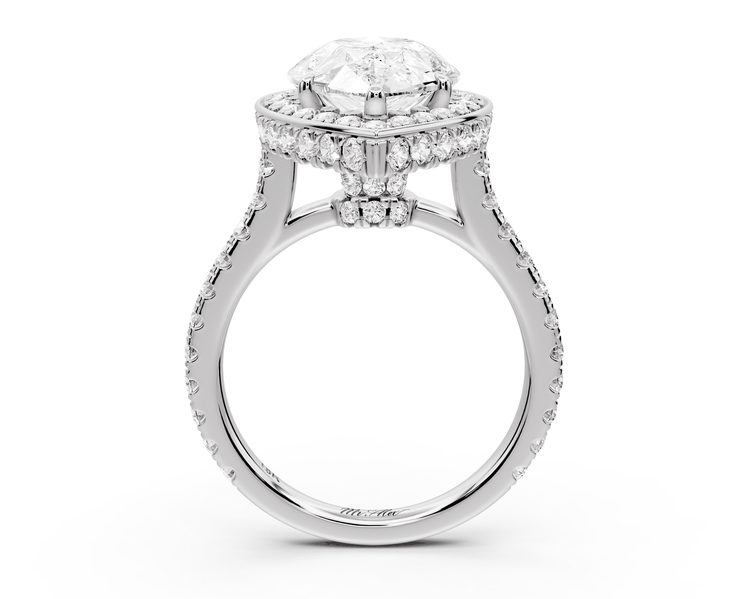 Beatrice - 4ct 18k white gold pear stone in rollover halo with diamond bridge and pavé engagement ring - Mr. Alex Jewelry