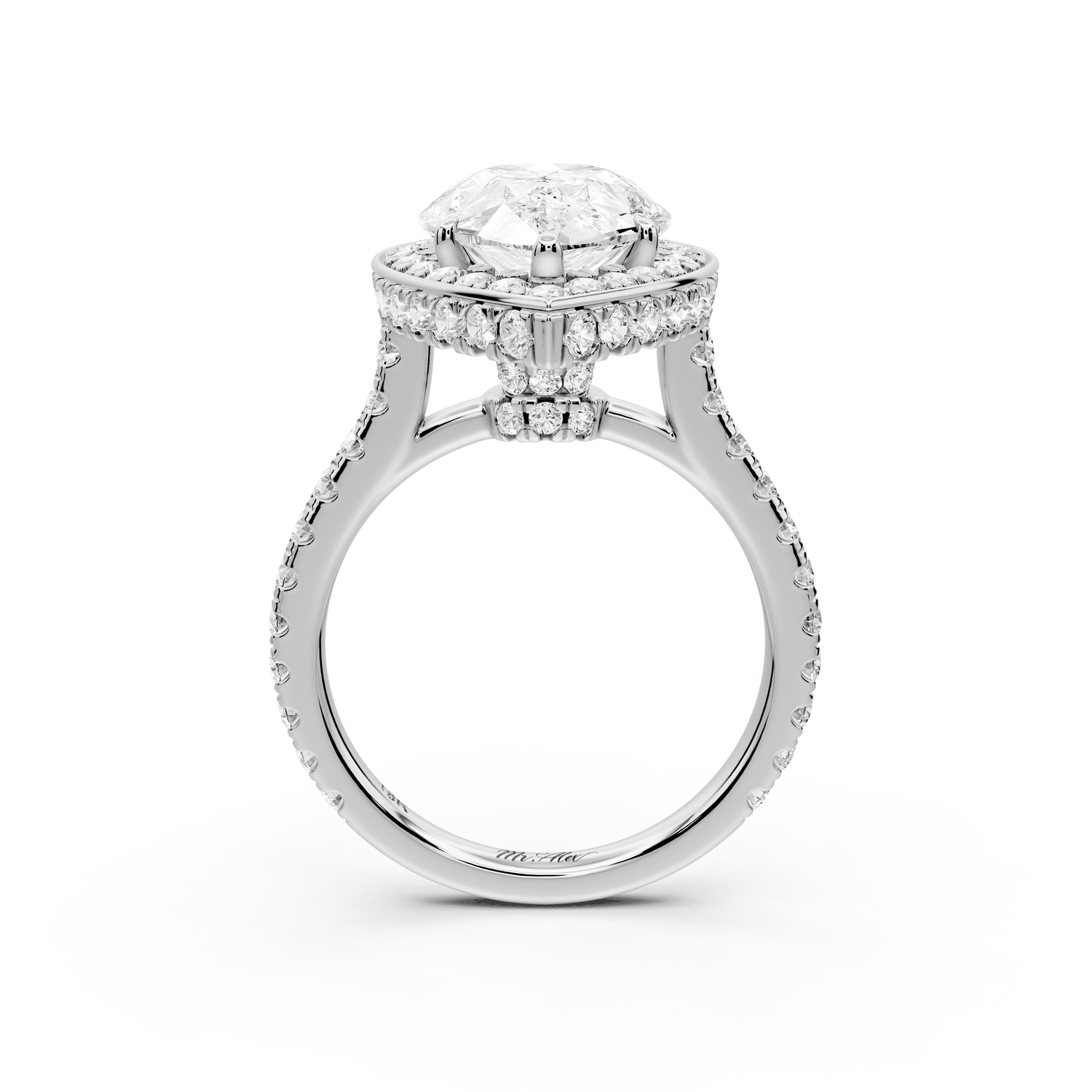 Beatrice - 4ct 18k white gold pear stone in rollover halo with diamond bridge and pavé engagement ring - Mr. Alex Jewelry