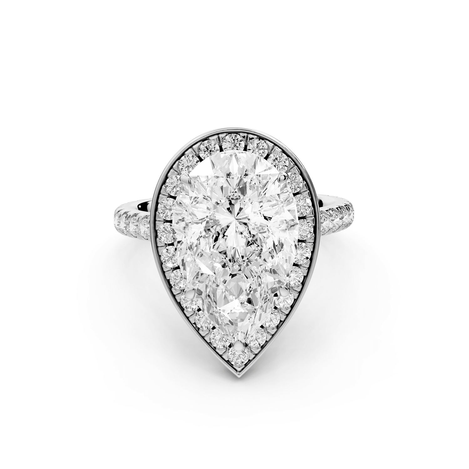 Beatrice - 4ct 18k white gold pear stone in rollover halo with diamond bridge and pavé engagement ring - Mr. Alex Jewelry