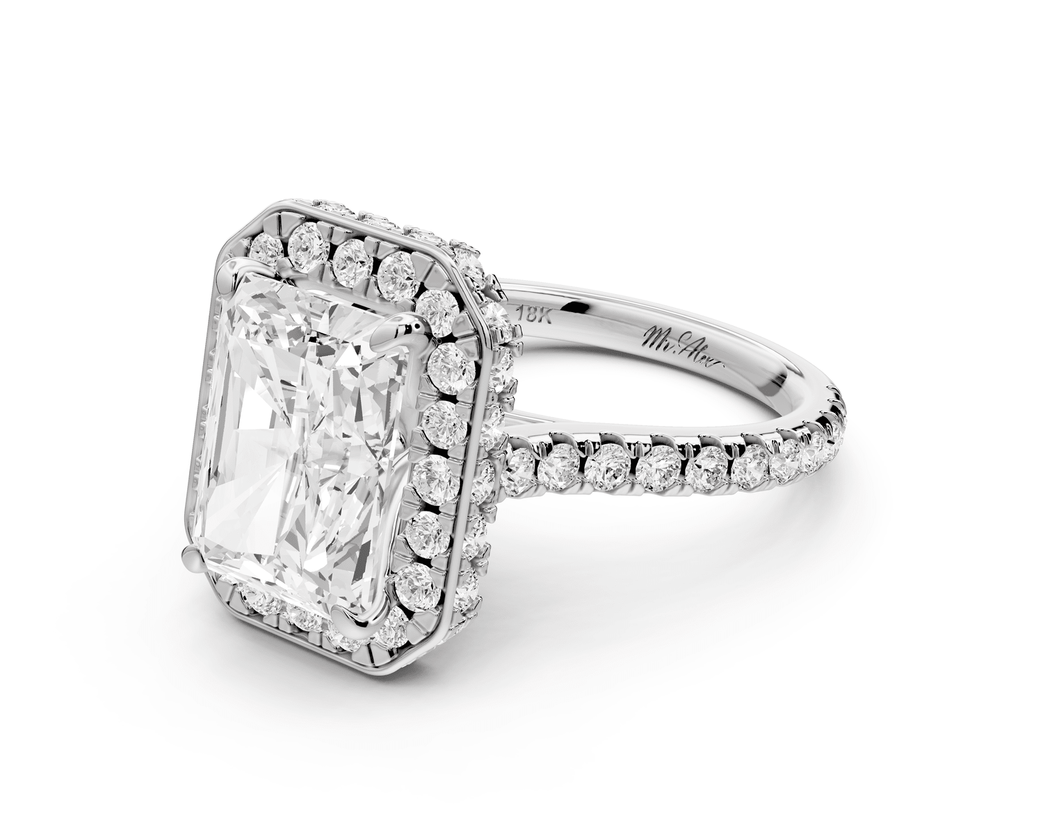 Beatrice - 4ct 18k white gold radiant stone in rollover halo with diamond bridge and pavé engagement ring - Mr. Alex Jewelry
