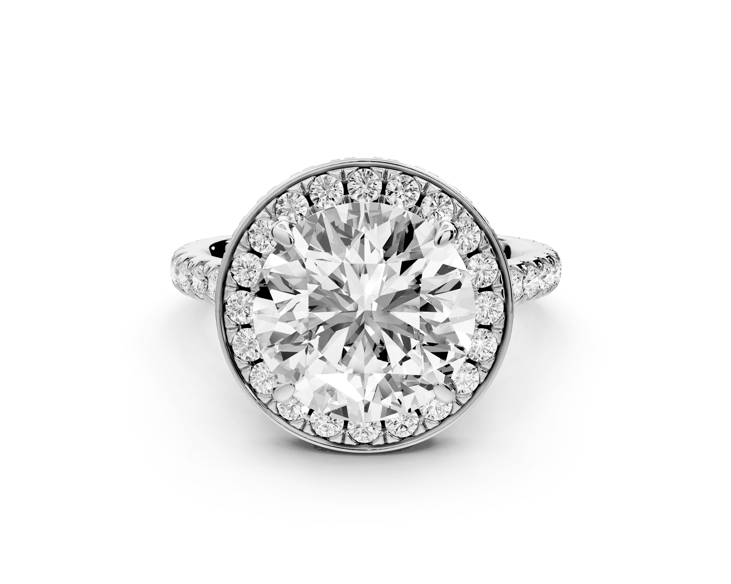 Beatrice - 4ct 18k white gold round stone in rollover halo with diamond bridge and pavé engagement ring - Mr. Alex Jewelry