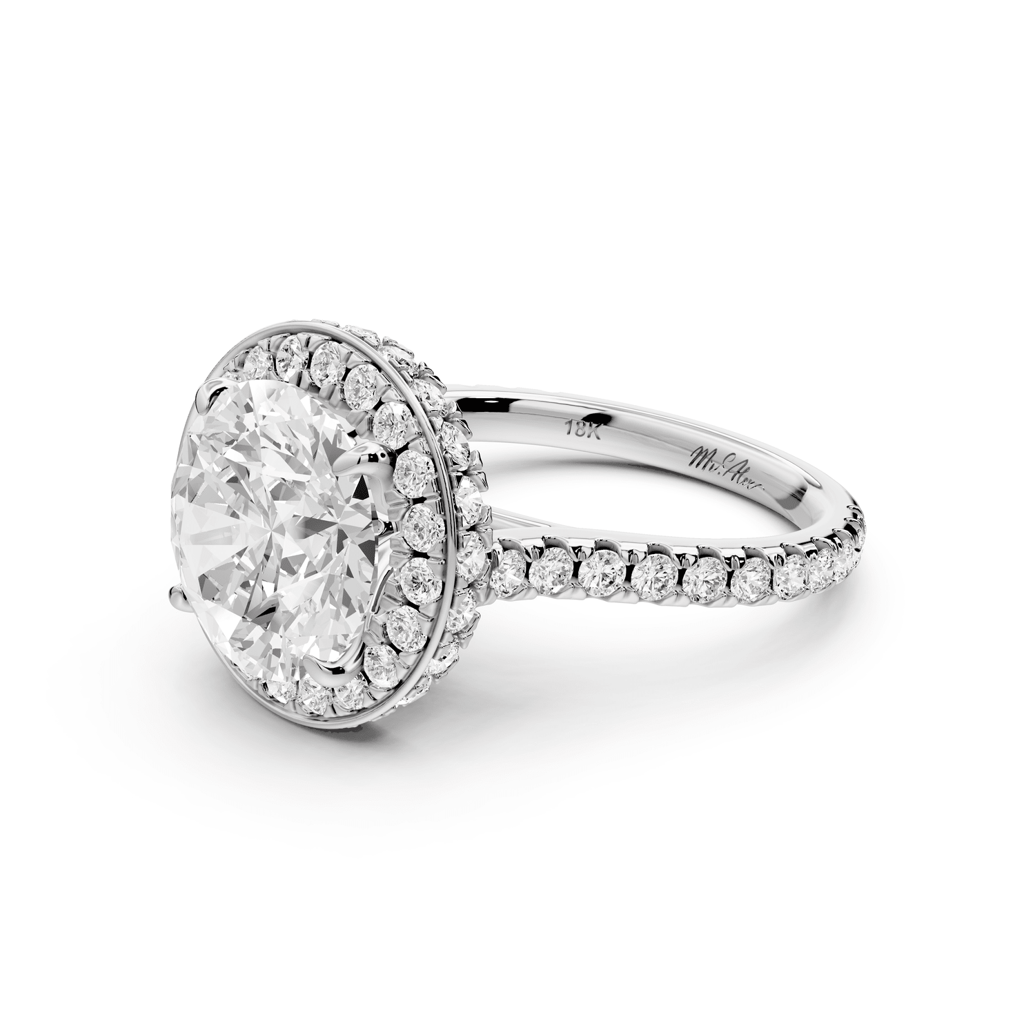 Beatrice - 4ct 18k white gold round stone in rollover halo with diamond bridge and pavé engagement ring - Mr. Alex Jewelry