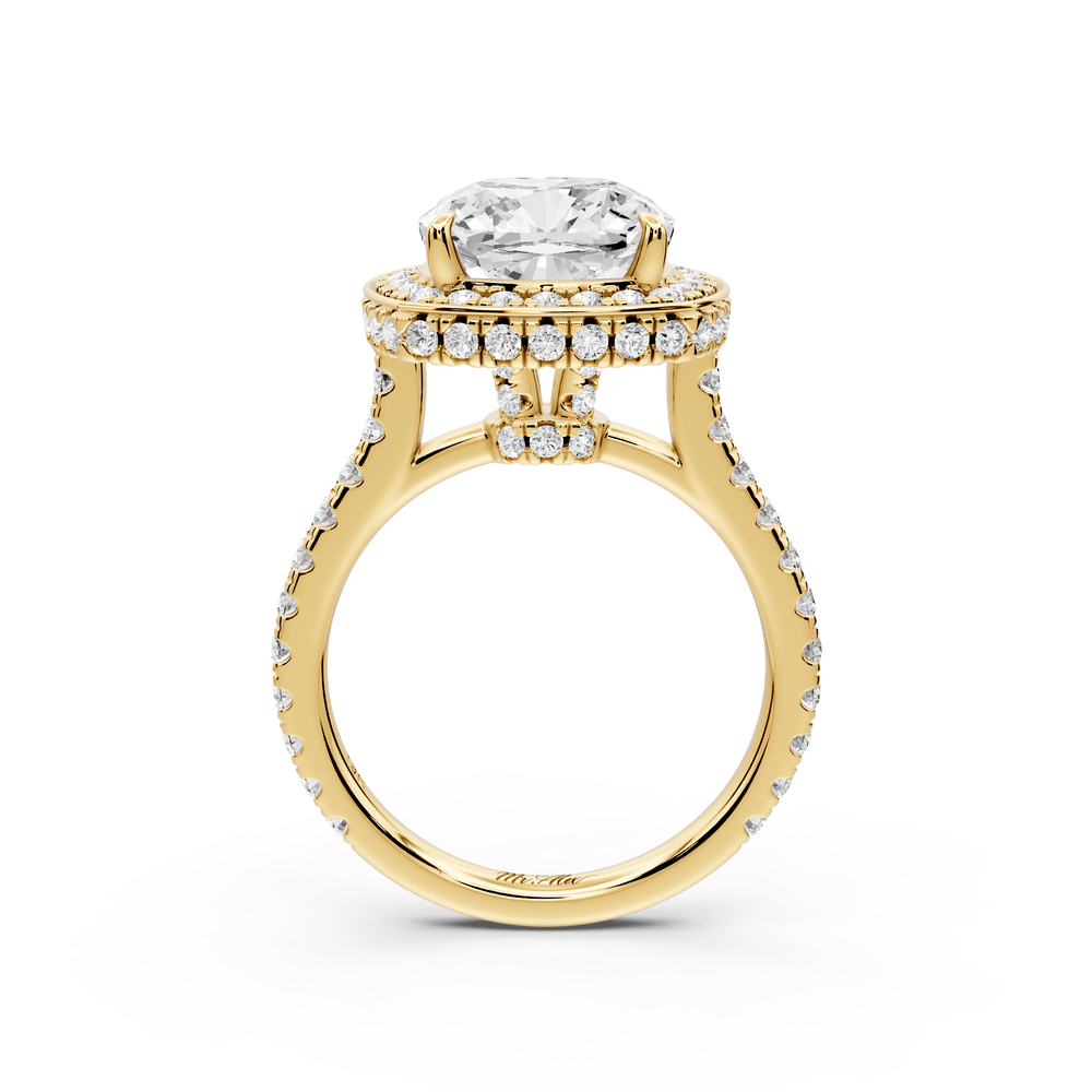 Beatrice - 4ct 18k yellow gold cushion stone in rollover halo with diamond bridge and pavé engagement ring - Mr. Alex Jewelry