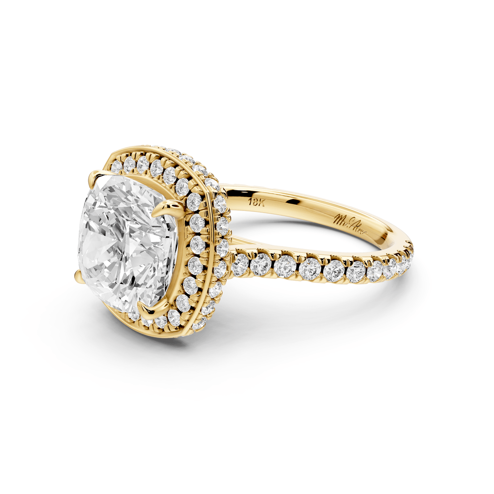 Beatrice - 4ct 18k yellow gold cushion stone in rollover halo with diamond bridge and pavé engagement ring - Mr. Alex Jewelry