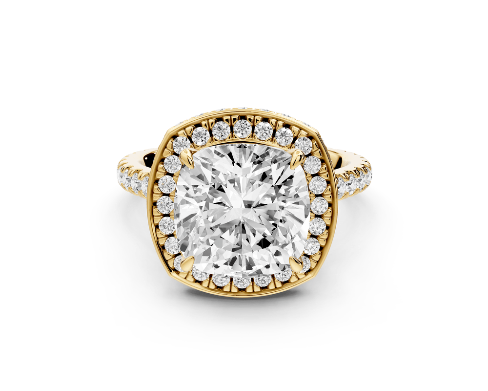 Beatrice - 4ct 18k yellow gold cushion stone in rollover halo with diamond bridge and pavé engagement ring - Mr. Alex Jewelry