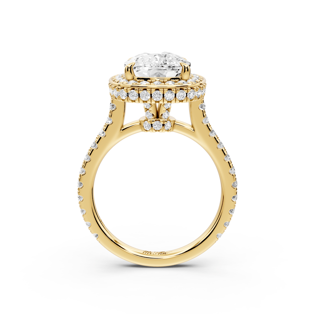 Beatrice - 4ct 18k yellow gold ecushion stone in rollover halo with diamond bridge and pavé engagement ring - Mr. Alex Jewelry