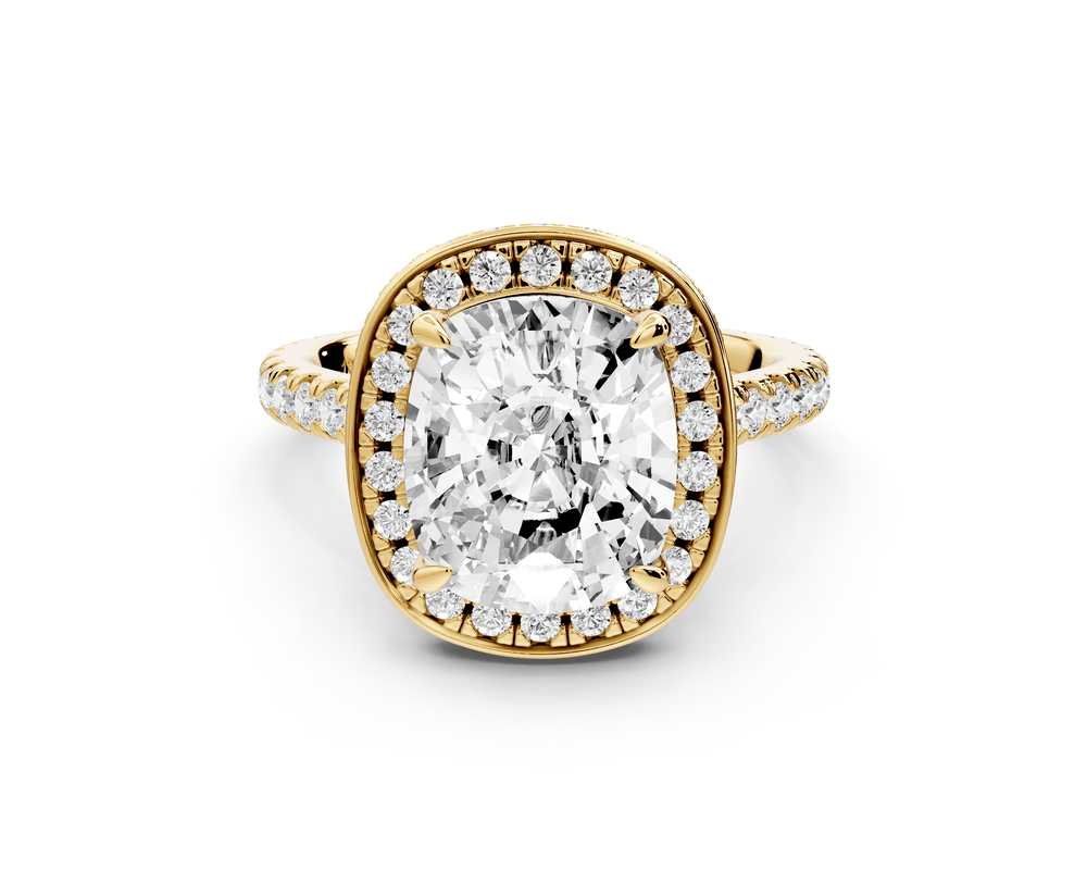 Beatrice - 4ct 18k yellow gold ecushion stone in rollover halo with diamond bridge and pavé engagement ring - Mr. Alex Jewelry