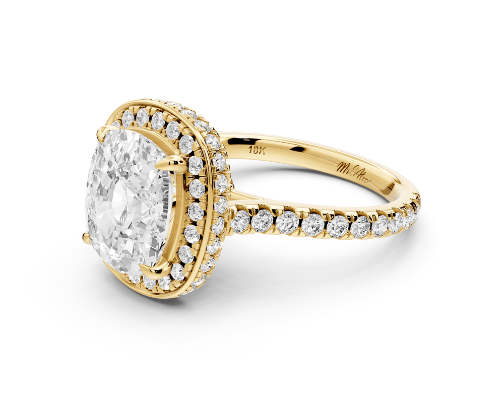 Beatrice - 4ct 18k yellow gold ecushion stone in rollover halo with diamond bridge and pavé engagement ring - Mr. Alex Jewelry
