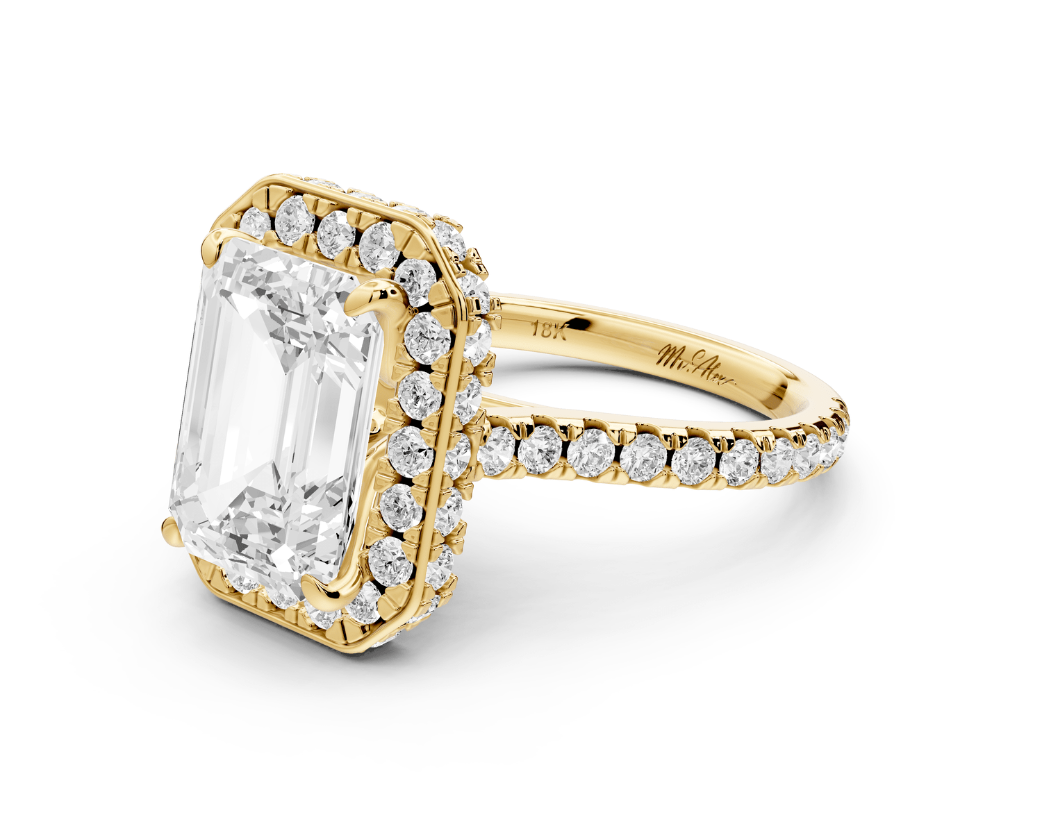 Beatrice - 4ct 18k yellow gold emerald stone in rollover halo with diamond bridge and pavé engagement ring - Mr. Alex Jewelry