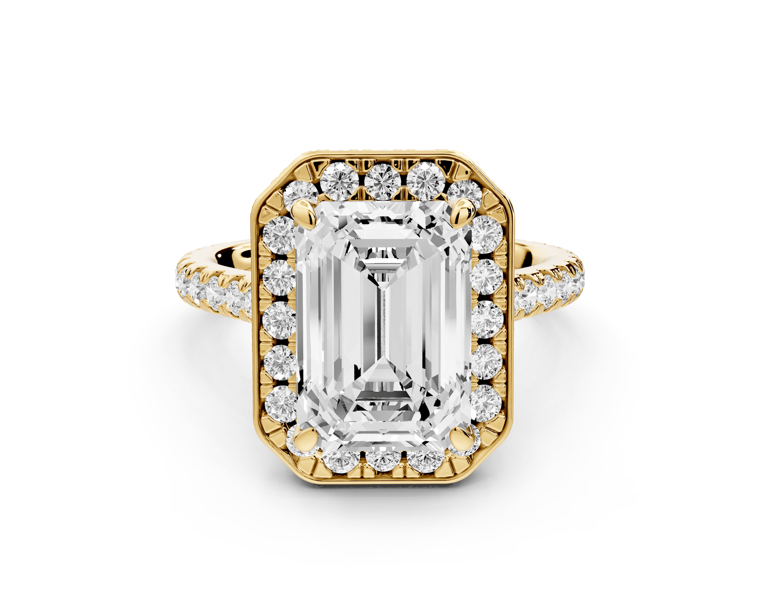 Beatrice - 4ct 18k yellow gold emerald stone in rollover halo with diamond bridge and pavé engagement ring - Mr. Alex Jewelry