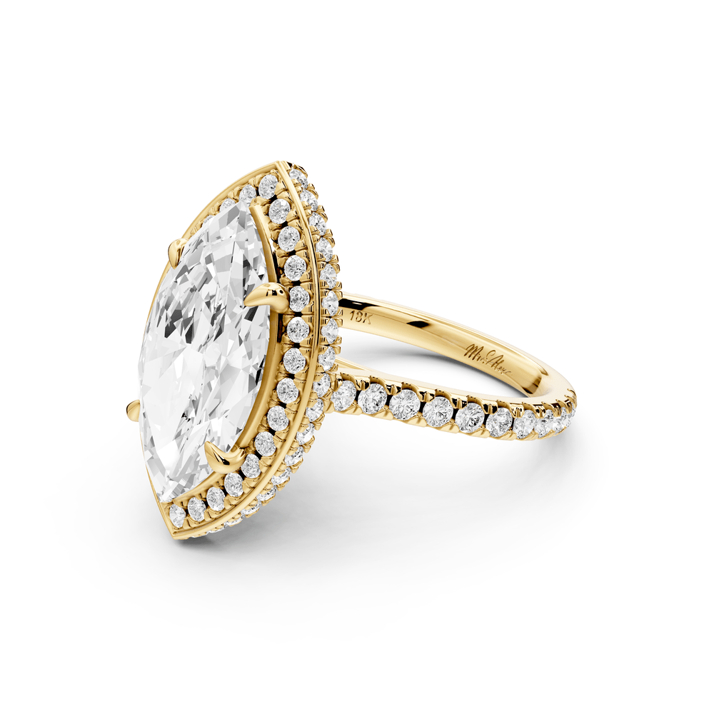 Beatrice - 4ct 18k yellow gold marquise stone in rollover halo with diamond bridge and pavé engagement ring - Mr. Alex Jewelry
