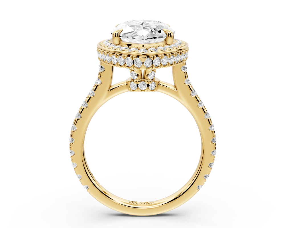Beatrice - 4ct 18k yellow gold marquise stone in rollover halo with diamond bridge and pavé engagement ring - Mr. Alex Jewelry