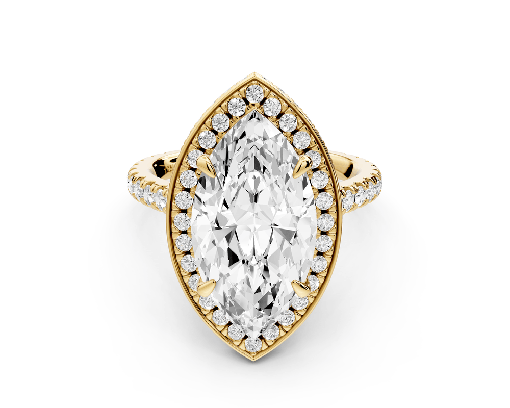 Beatrice - 4ct 18k yellow gold marquise stone in rollover halo with diamond bridge and pavé engagement ring - Mr. Alex Jewelry