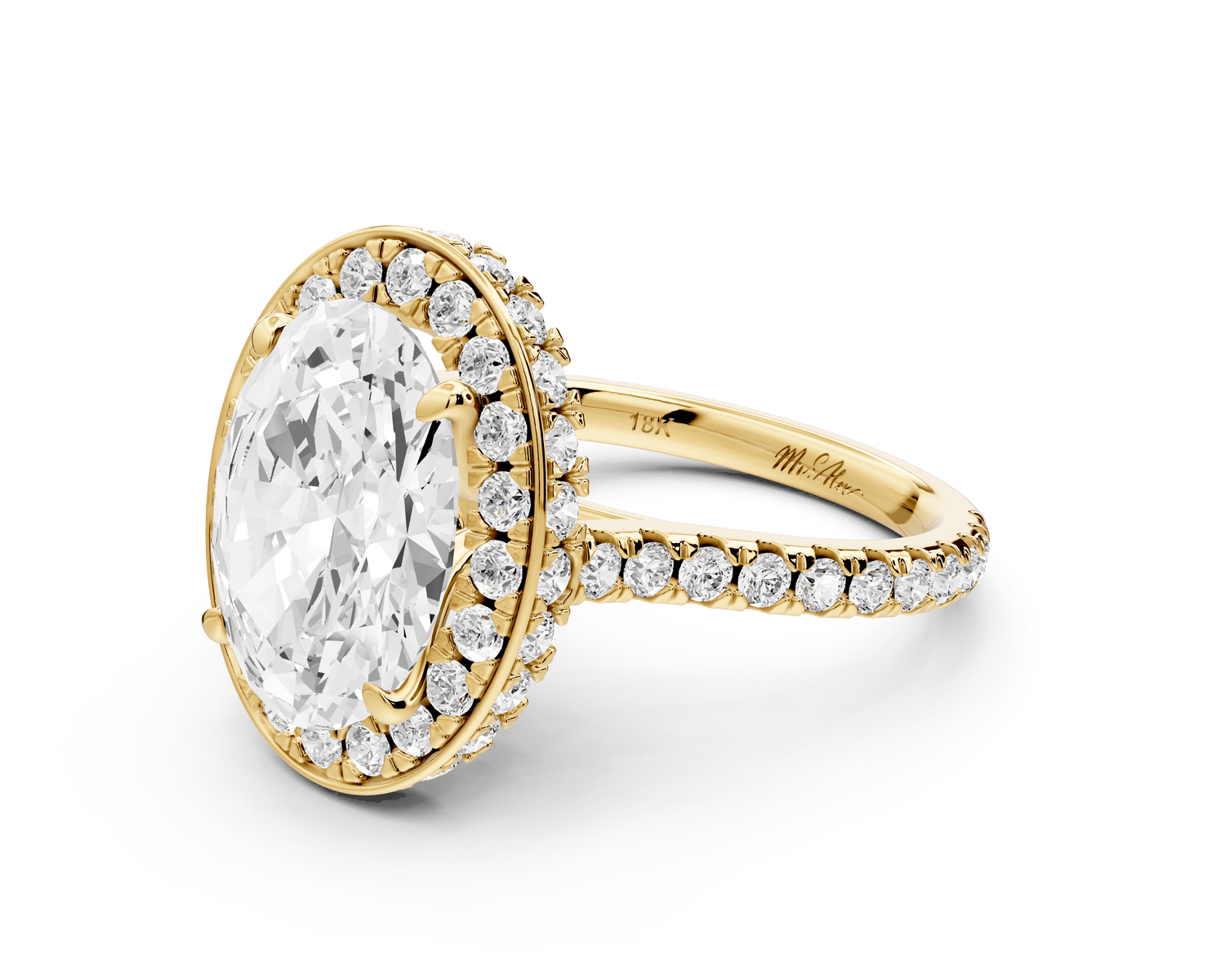 Beatrice - 4ct 18k yellow gold oval stone in rollover halo with diamond bridge and pavé engagement ring - Mr. Alex Jewelry