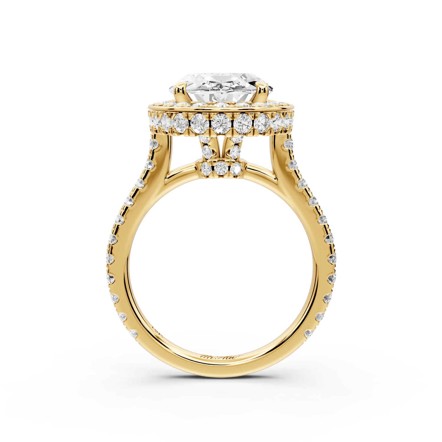 Beatrice - 4ct 18k yellow gold oval stone in rollover halo with diamond bridge and pavé engagement ring - Mr. Alex Jewelry