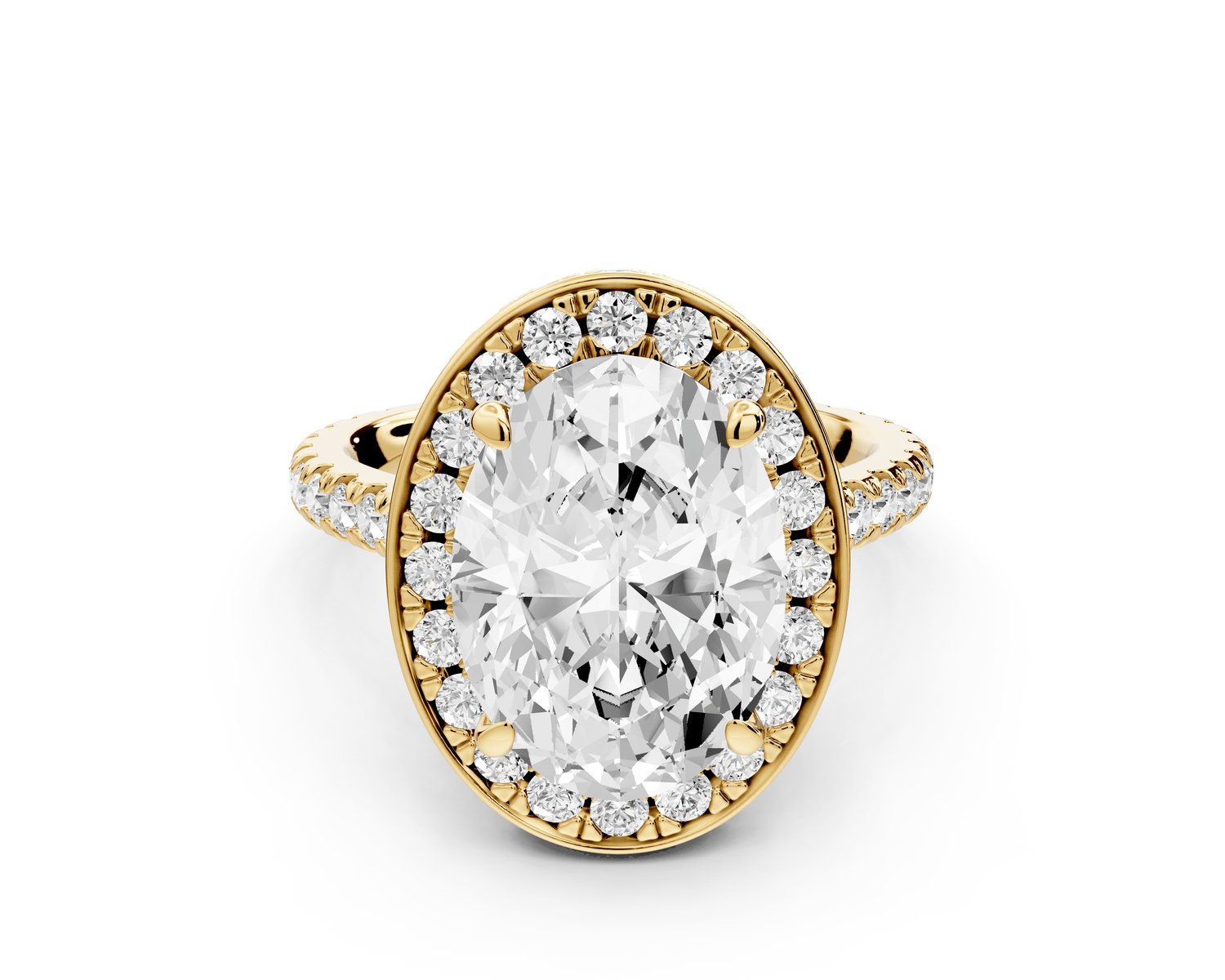 Beatrice - 4ct 18k yellow gold oval stone in rollover halo with diamond bridge and pavé engagement ring - Mr. Alex Jewelry