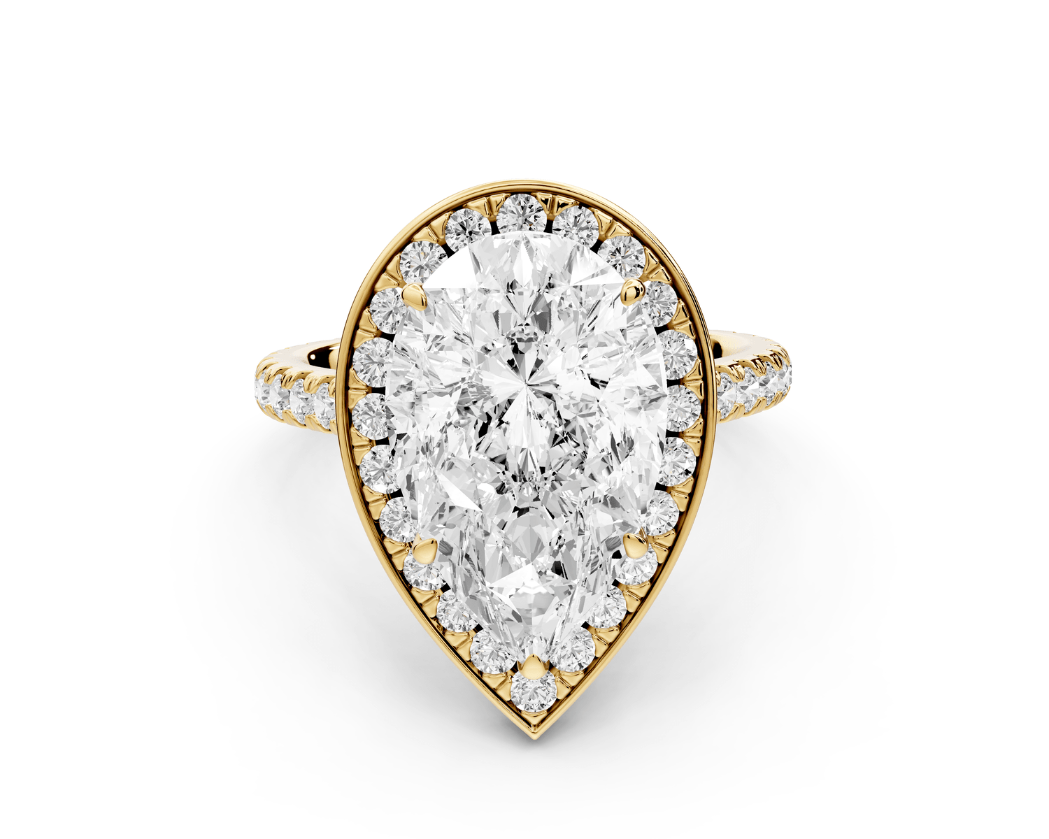 Beatrice - 4ct 18k yellow gold pear stone in rollover halo with diamond bridge and pavé engagement ring - Mr. Alex Jewelry