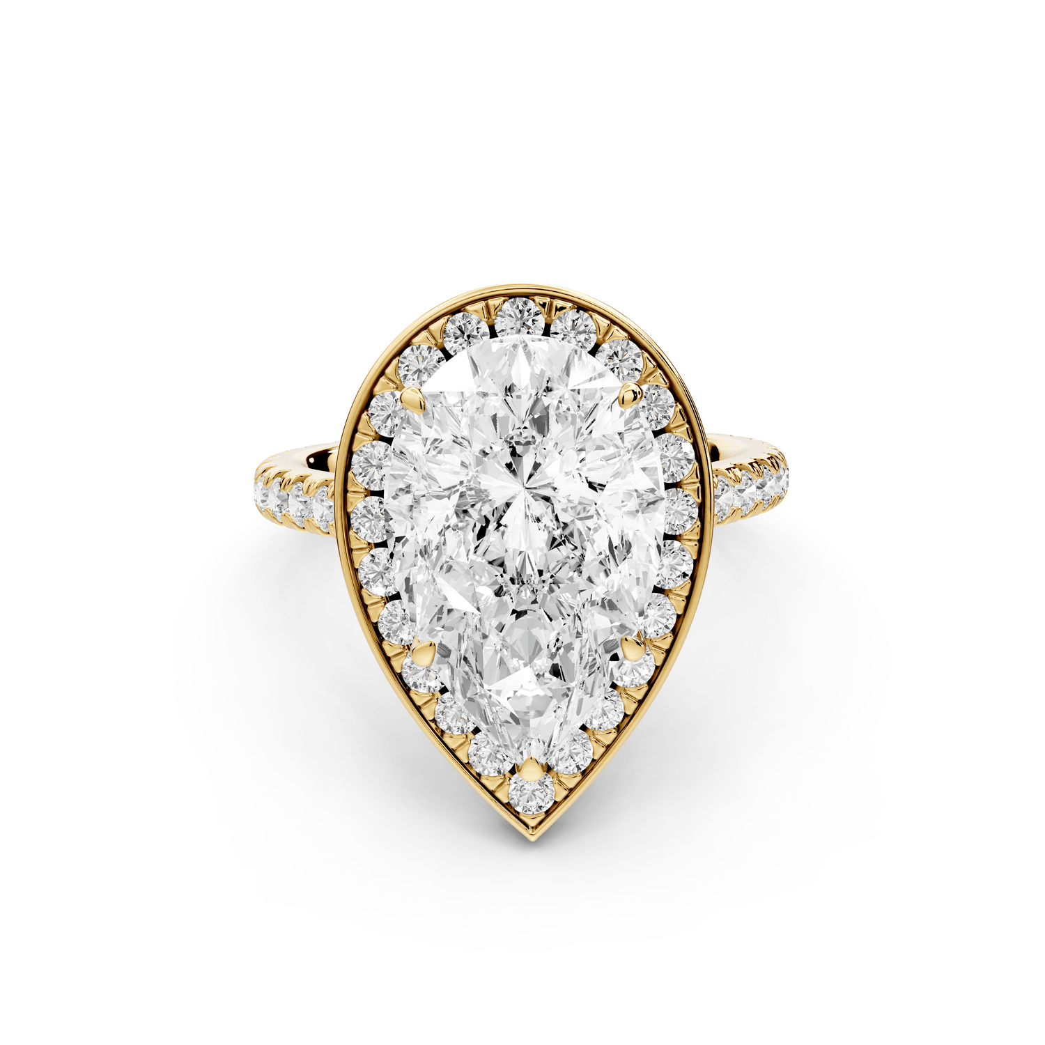 Beatrice - 4ct 18k yellow gold pear stone in rollover halo with diamond bridge and pavé engagement ring - Mr. Alex Jewelry