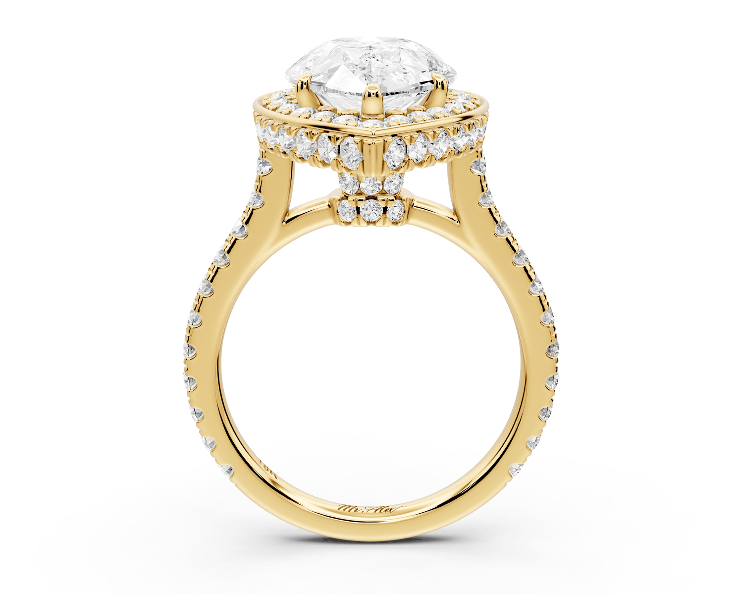 Beatrice - 4ct 18k yellow gold pear stone in rollover halo with diamond bridge and pavé engagement ring - Mr. Alex Jewelry