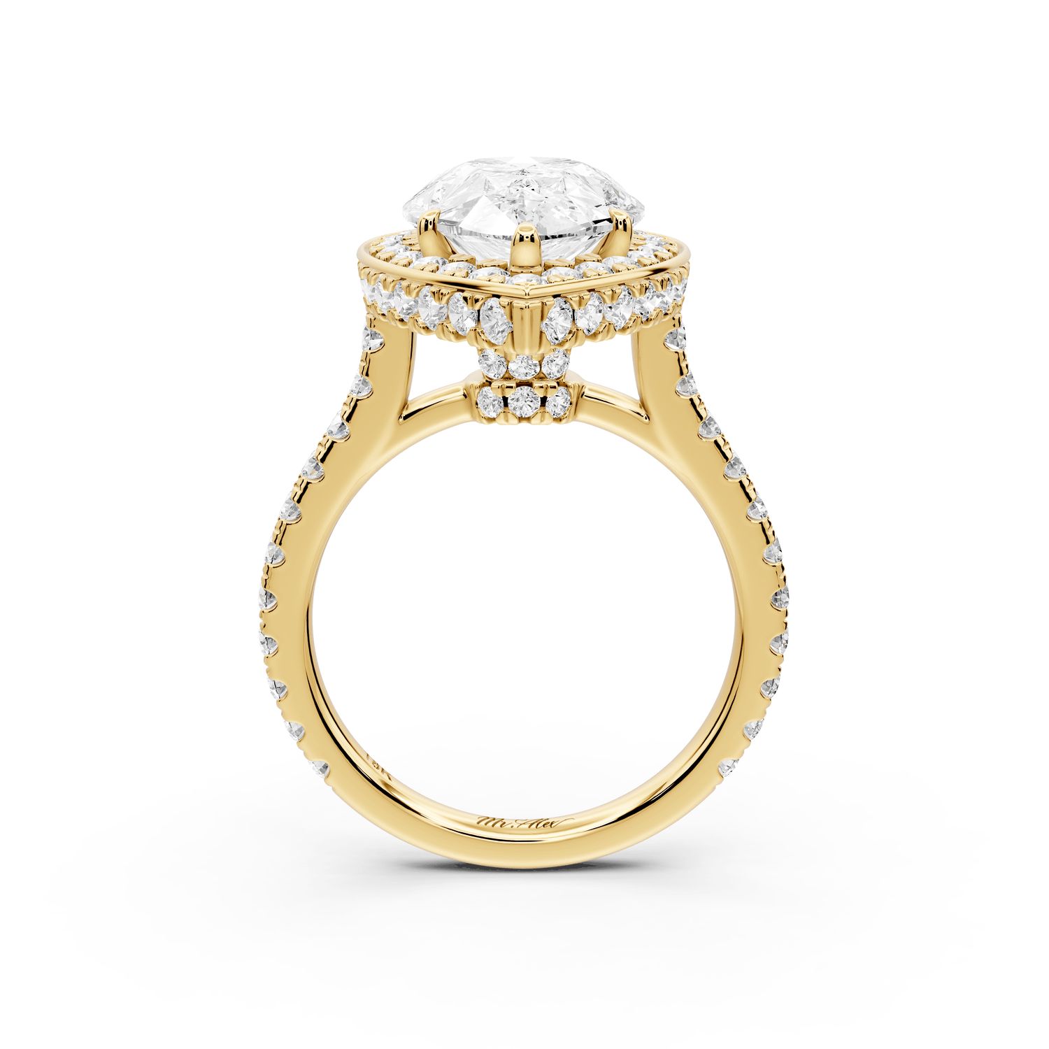 Beatrice - 4ct 18k yellow gold pear stone in rollover halo with diamond bridge and pavé engagement ring - Mr. Alex Jewelry