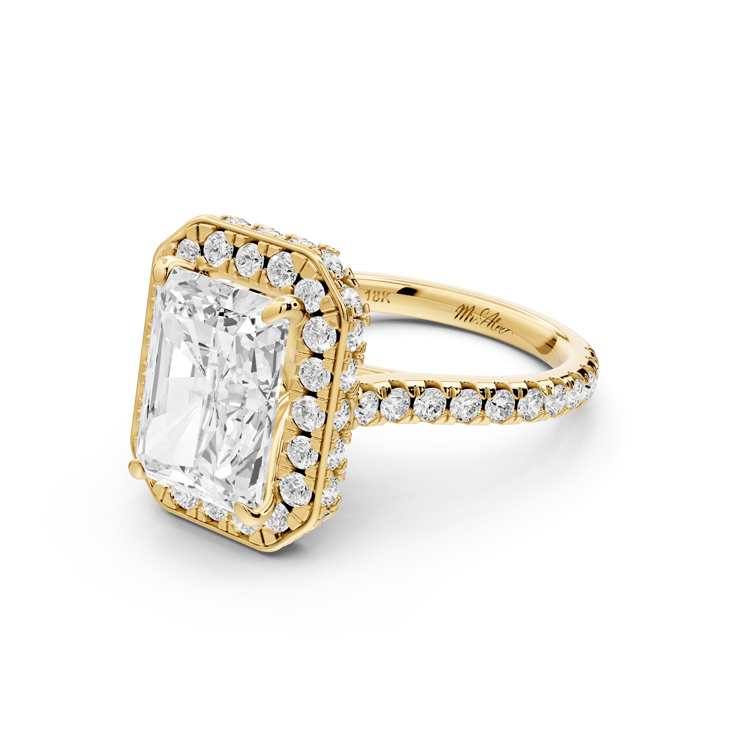 Beatrice - 4ct 18k yellow gold radiant stone in rollover halo with diamond bridge and pavé engagement ring - Mr. Alex Jewelry
