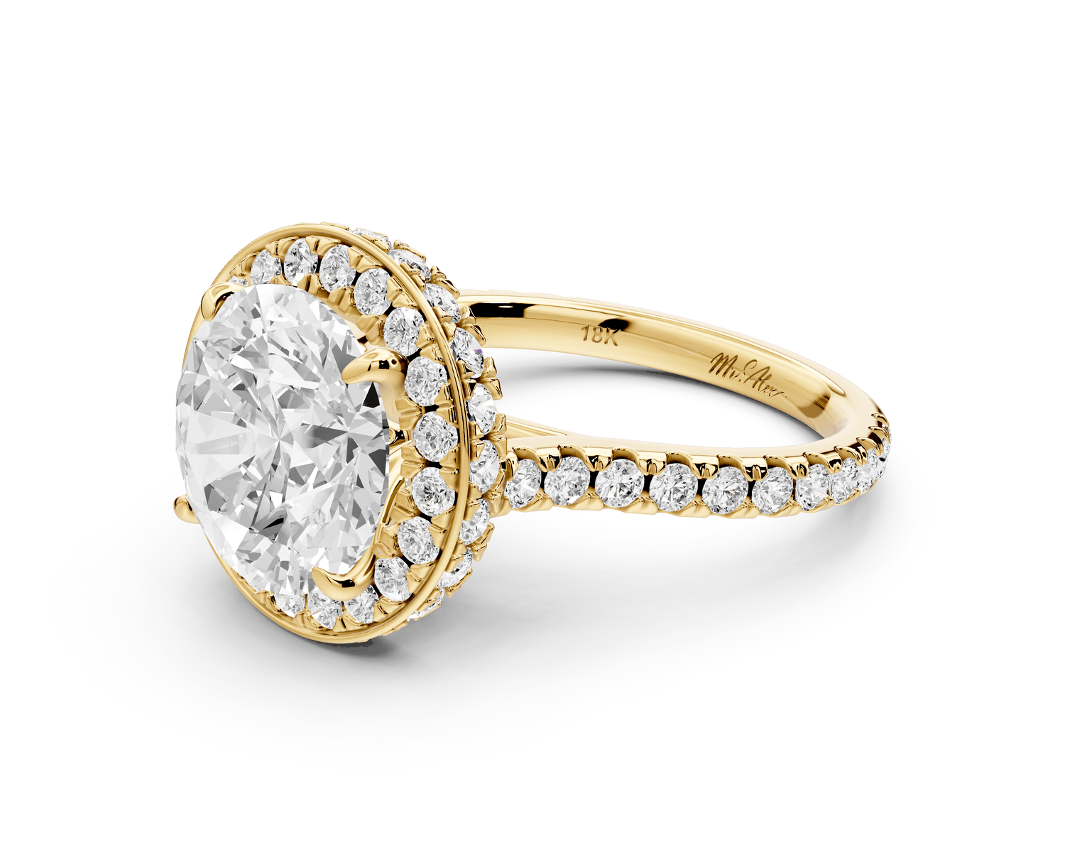 Beatrice - 4ct 18k yellow gold round stone in rollover halo with diamond bridge and pavé engagement ring - Mr. Alex Jewelry