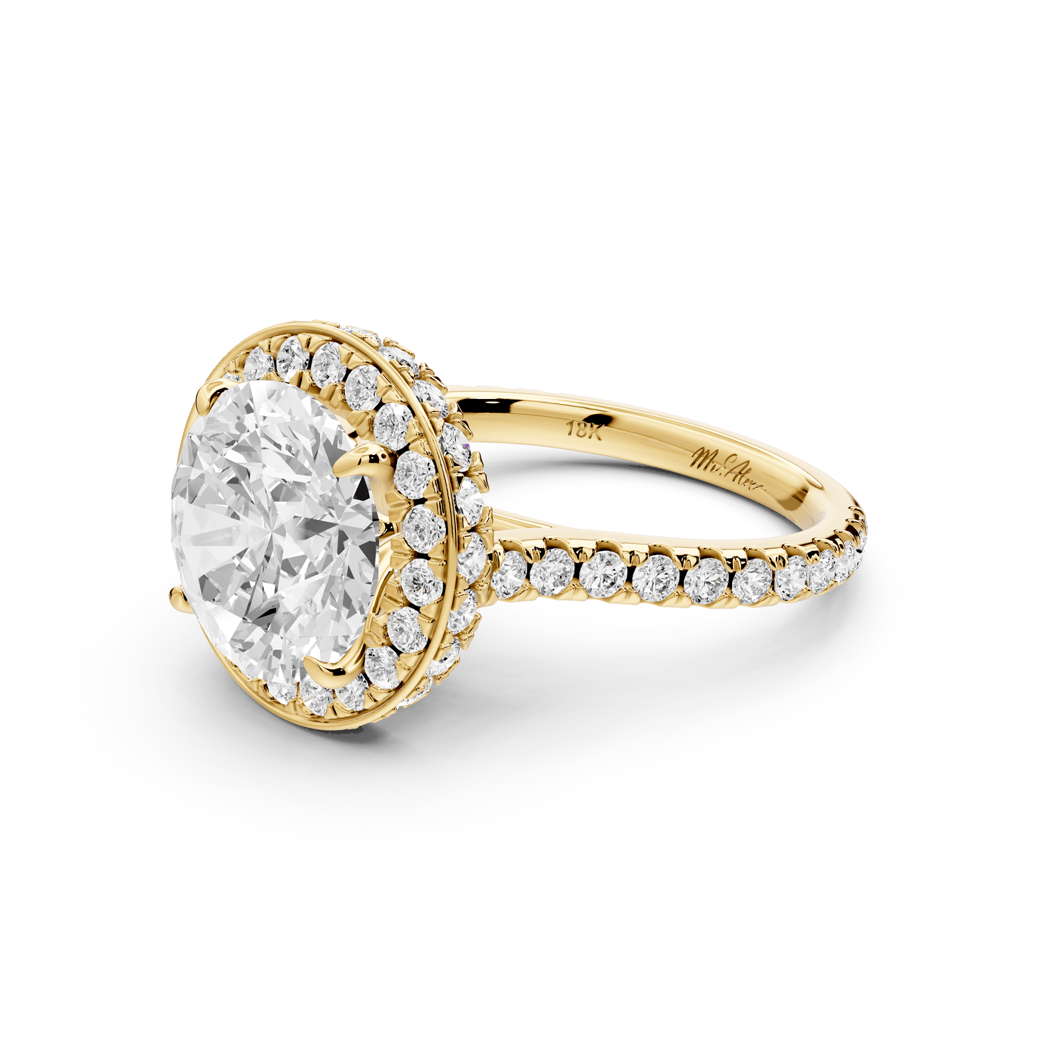 Beatrice - 4ct 18k yellow gold round stone in rollover halo with diamond bridge and pavé engagement ring - Mr. Alex Jewelry