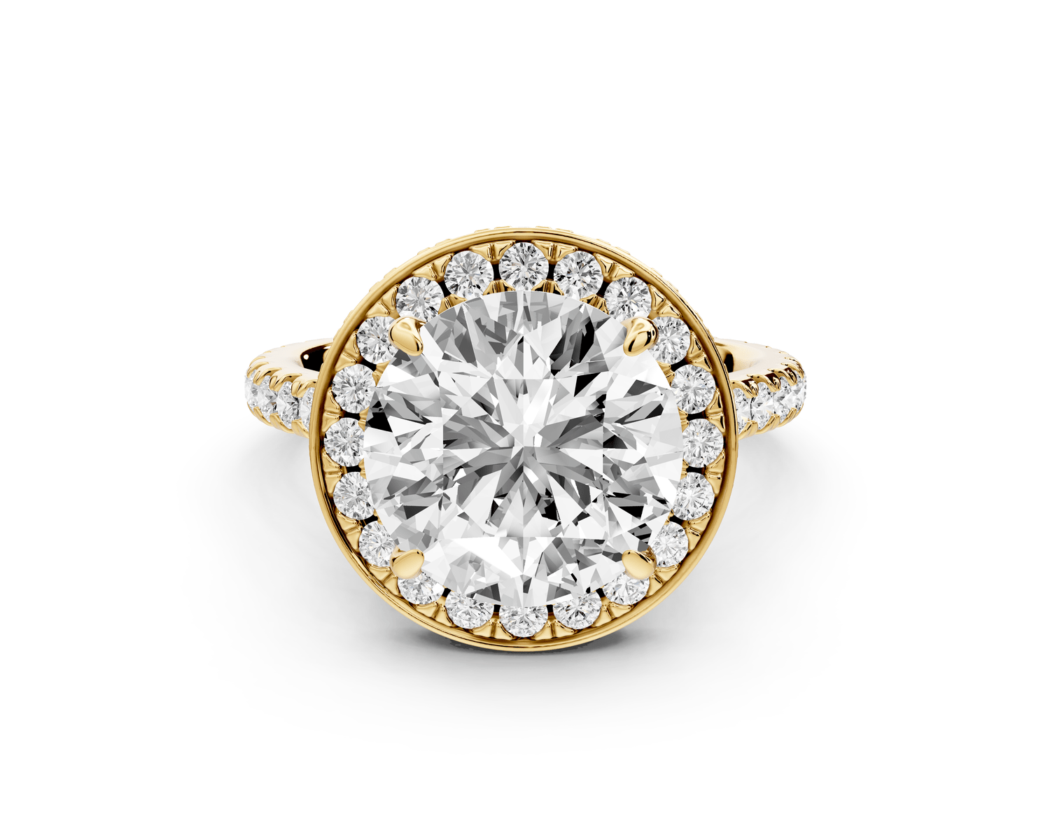 Beatrice - 4ct 18k yellow gold round stone in rollover halo with diamond bridge and pavé engagement ring - Mr. Alex Jewelry