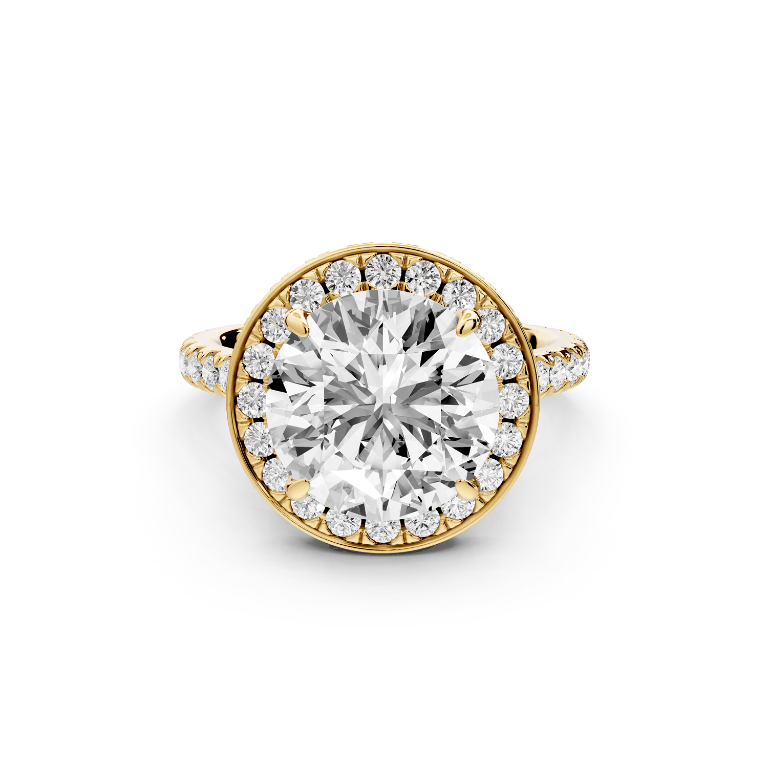Beatrice - 4ct 18k yellow gold round stone in rollover halo with diamond bridge and pavé engagement ring - Mr. Alex Jewelry