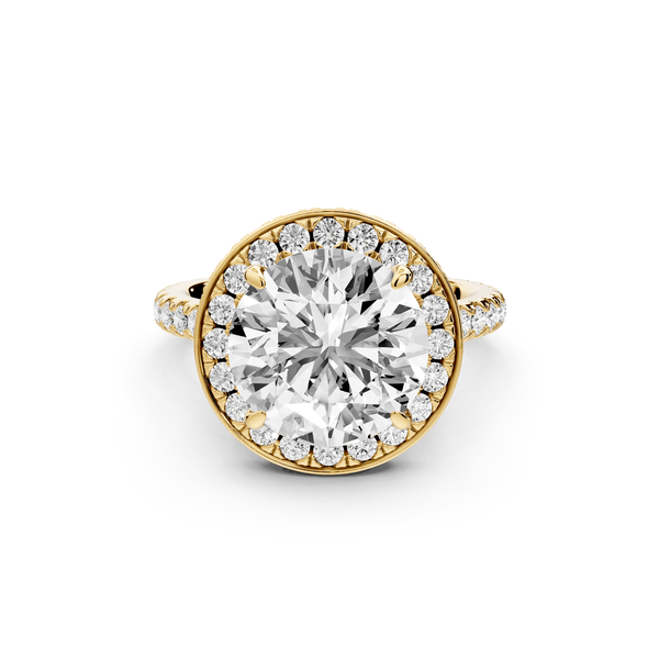 Beatrice - 4ct 18k yellow gold round stone in rollover halo with diamond bridge and pavé engagement ring - Mr. Alex Jewelry