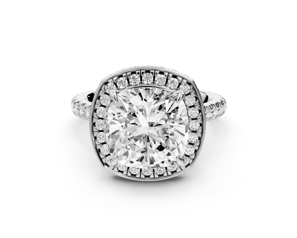 Beatrice - 4ct platinum cushion stone in rollover halo with diamond bridge and pavé engagement ring - Mr. Alex Jewelry