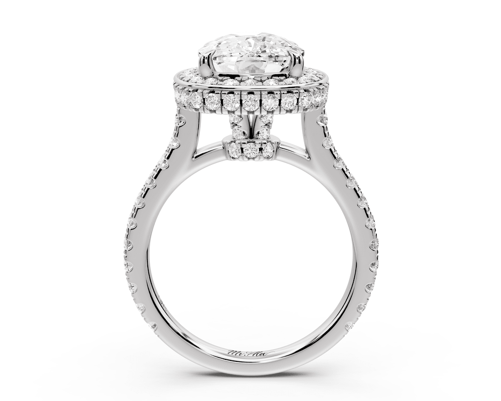 Beatrice - 4ct platinum ecushion stone in rollover halo with diamond bridge and pavé engagement ring - Mr. Alex Jewelry