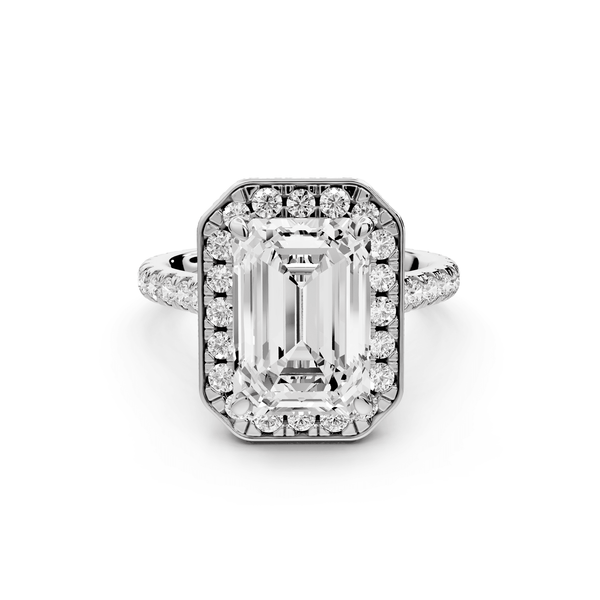 Beatrice - 4ct platinum emerald stone in rollover halo with diamond bridge and pavé engagement ring - Mr. Alex Jewelry