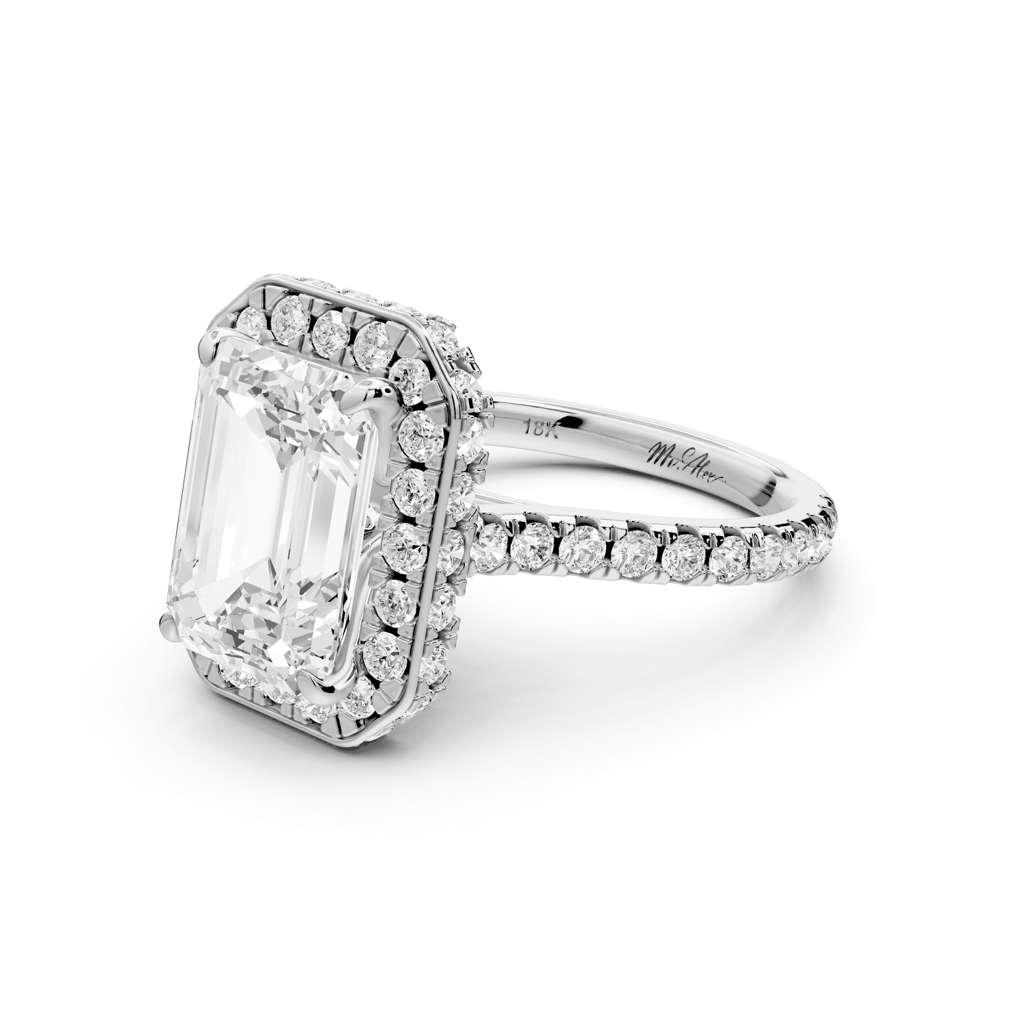 Beatrice - 4ct platinum emerald stone in rollover halo with diamond bridge and pavé engagement ring - Mr. Alex Jewelry