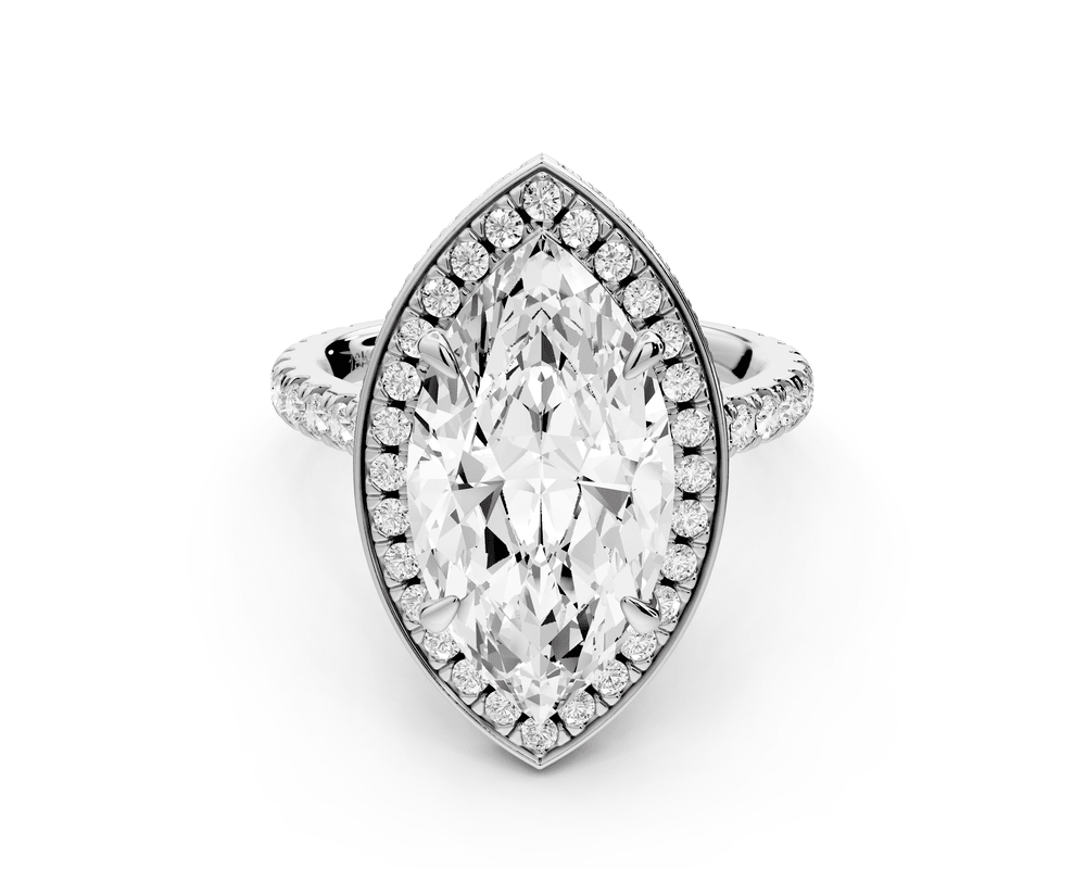 Beatrice - 4ct platinum marquise stone in rollover halo with diamond bridge and pavé engagement ring - Mr. Alex Jewelry