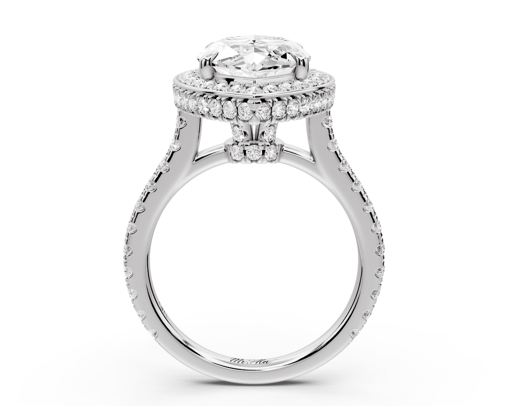 Beatrice - 4ct platinum marquise stone in rollover halo with diamond bridge and pavé engagement ring - Mr. Alex Jewelry